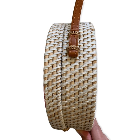 Bali Bohemian Rattan Floral Print Handwoven Handmade Basket Crossbody Purse - Picture 9 of 14
